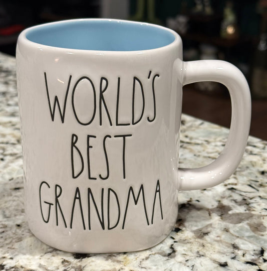 New Rae Dunn white ceramic coffee mug WORLD’S BEST GRANDMA-blue interior