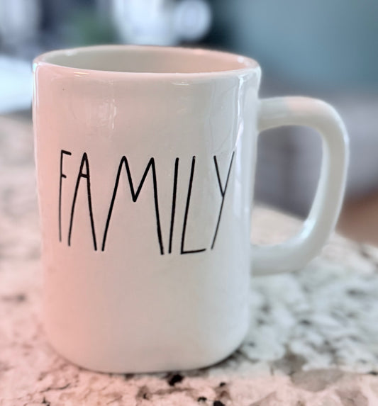 New Rae Dunn white ceramic coffee mug FAMILY (M) Stamped