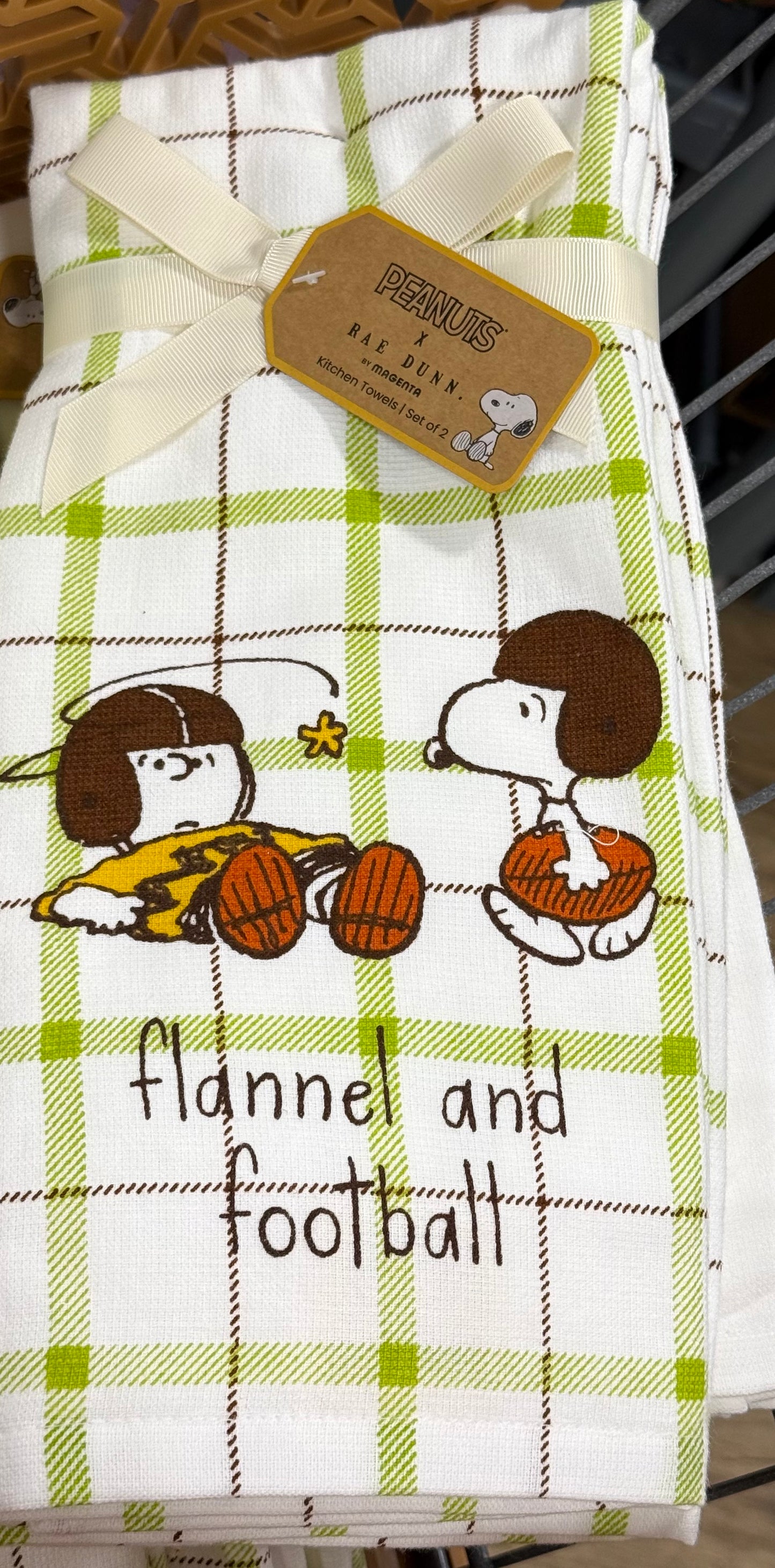 New Rae Dunn 2-piece white and green plaid Peanuts Snoopy football kitchen dish towel set 🏈 FLANNEL AND FOOTBALL