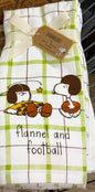 New Rae Dunn 2-piece white and green plaid Peanuts Snoopy football kitchen dish towel set 🏈 FLANNEL AND FOOTBALL
