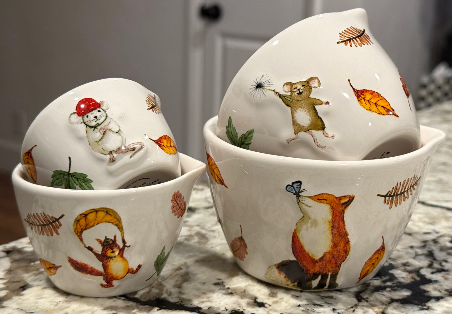 New Rae Dunn white ceramic Fall critters measuring cup set