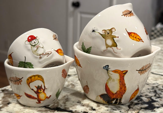 New Rae Dunn white ceramic Fall critters measuring cup set