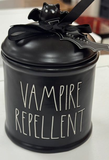 New Rae Dunn black ceramic Halloween mini canister. New release VAMPIRE REPELLENT
