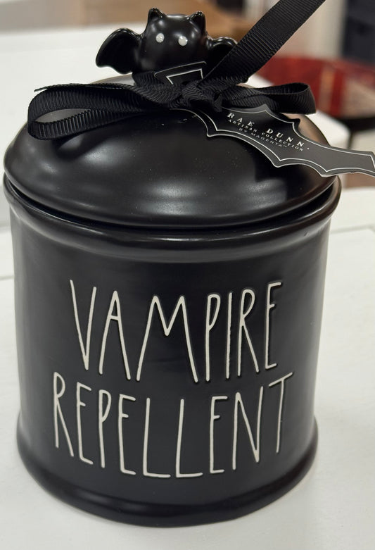 New Rae Dunn black ceramic Halloween mini canister. New release VAMPIRE REPELLENT