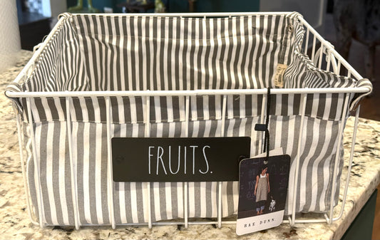 Rae Dunn large white metal basket with gray striped snap in liner FRUITS 14x14x6.5