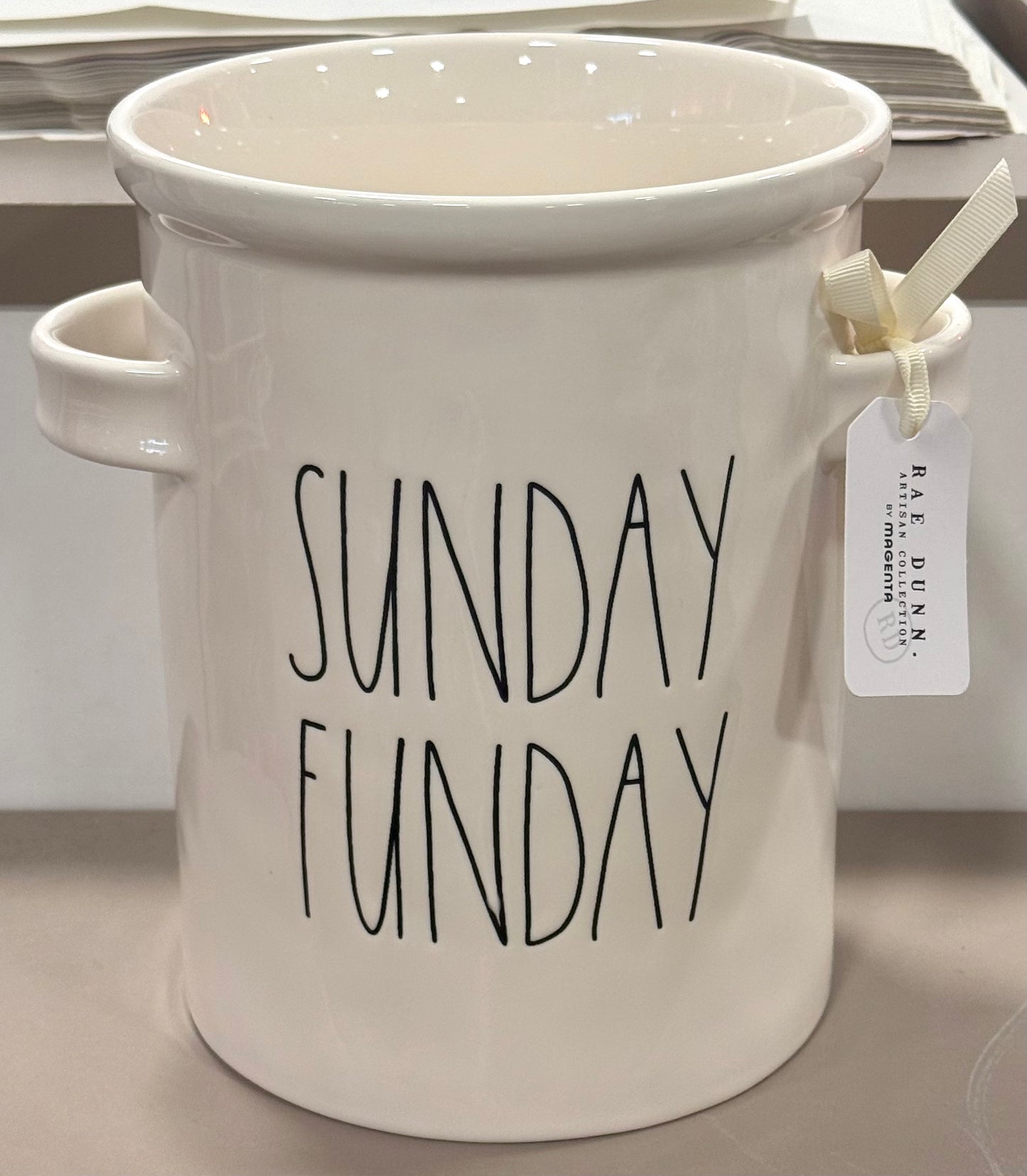 New Rae Dunn white ceramic handled utensil holder SUNDAY FUNDAY