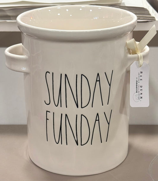 New Rae Dunn white ceramic handled utensil holder SUNDAY FUNDAY