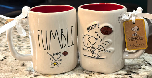 New Rae Dunn x Peanuts Snooy ceramic Football coffee mug decor FUMBLE