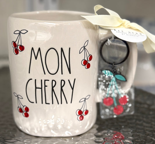New Rae Dunn white cherry print ceramic coffee mug MON CHERRY 🍒 key chain included