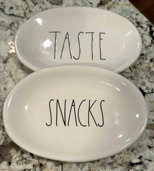 Rae Dunn white ceramic TASTE/SNACKS 2-piece oval plate set