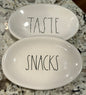 Rae Dunn white ceramic TASTE/SNACKS 2-piece oval plate set