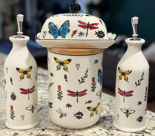 New 4-piece ceramic butterfly print kitchen decor set. Canister, Oil & Vinegar cruet, butter dish