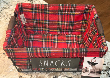 New Rae Dunn tarten plaid lined storage basket 10x8 SNACKS