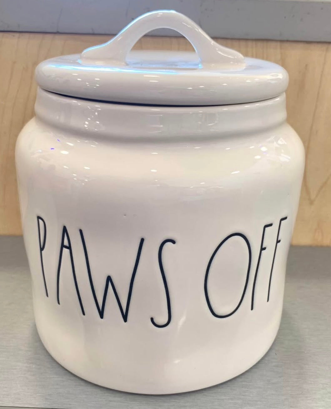 New Rae Dunn ceramic dog storage canister PAWS OFF