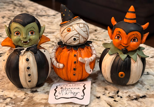 New 3-piece Joanna Parker Halloween shelf setter set Frank, MUMMY, DEVIL