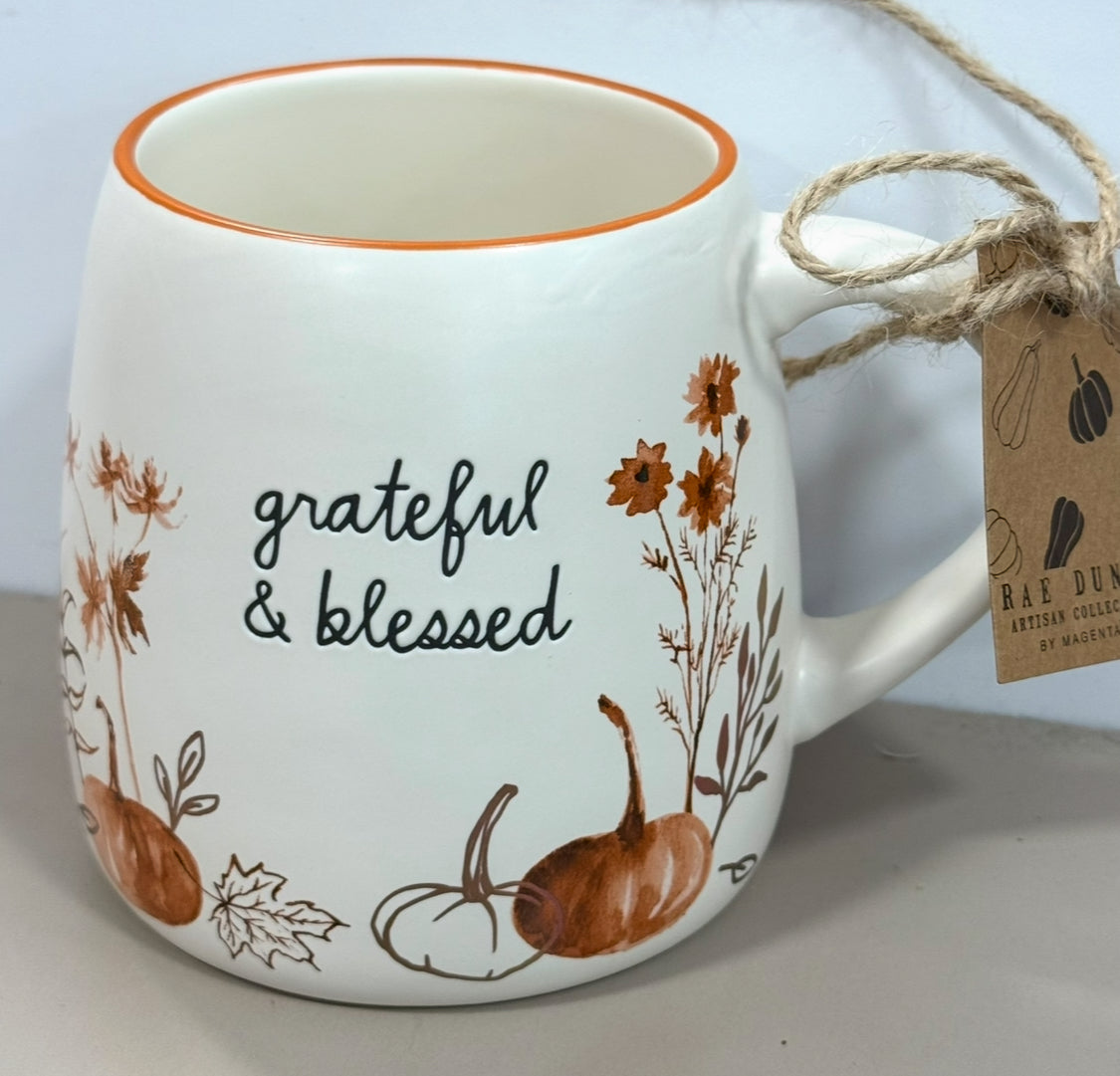 New Rae Dunn ceramic floral fall coffee mug GRATEFUL & BLESSED