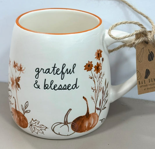 New Rae Dunn ceramic floral fall coffee mug GRATEFUL & BLESSED