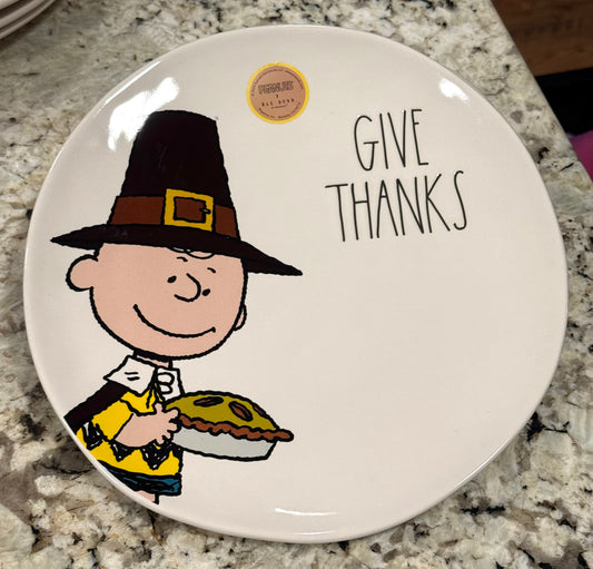 New Rae Dunn x Peanuts Charlie Brown fall plate GIVE THANKS