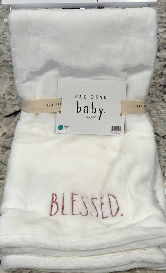 New Rae Dunn white baby throw blanket BLESSED - pink