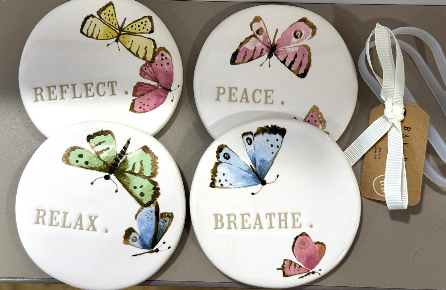 New Rae Dunn 4-piece ceramic Butterfly print coaster set