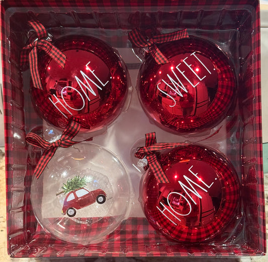 New Rae Dunn 4-piece glass Christmas ornament box set red car-home sweet home