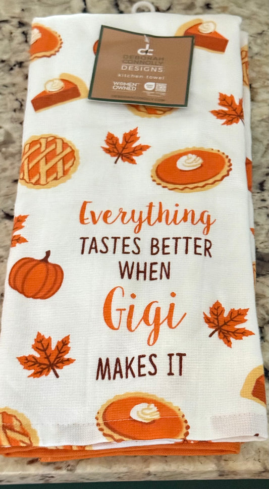New 3-piece Deborah Connollly Designs EVERYTHING TASTES BETTER WHEN GIGI MAKES IT fall kitchen towel set
