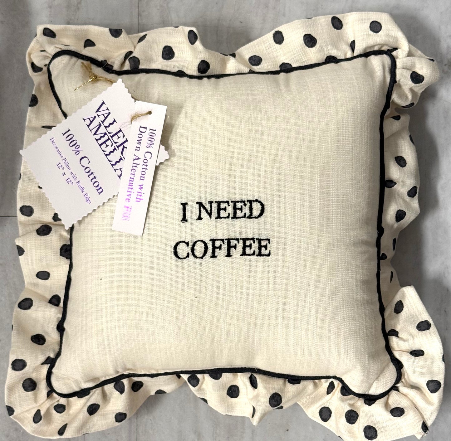 New cream 12x12 ruffled edge polka dot throw pillow decor I NEED COFFEE