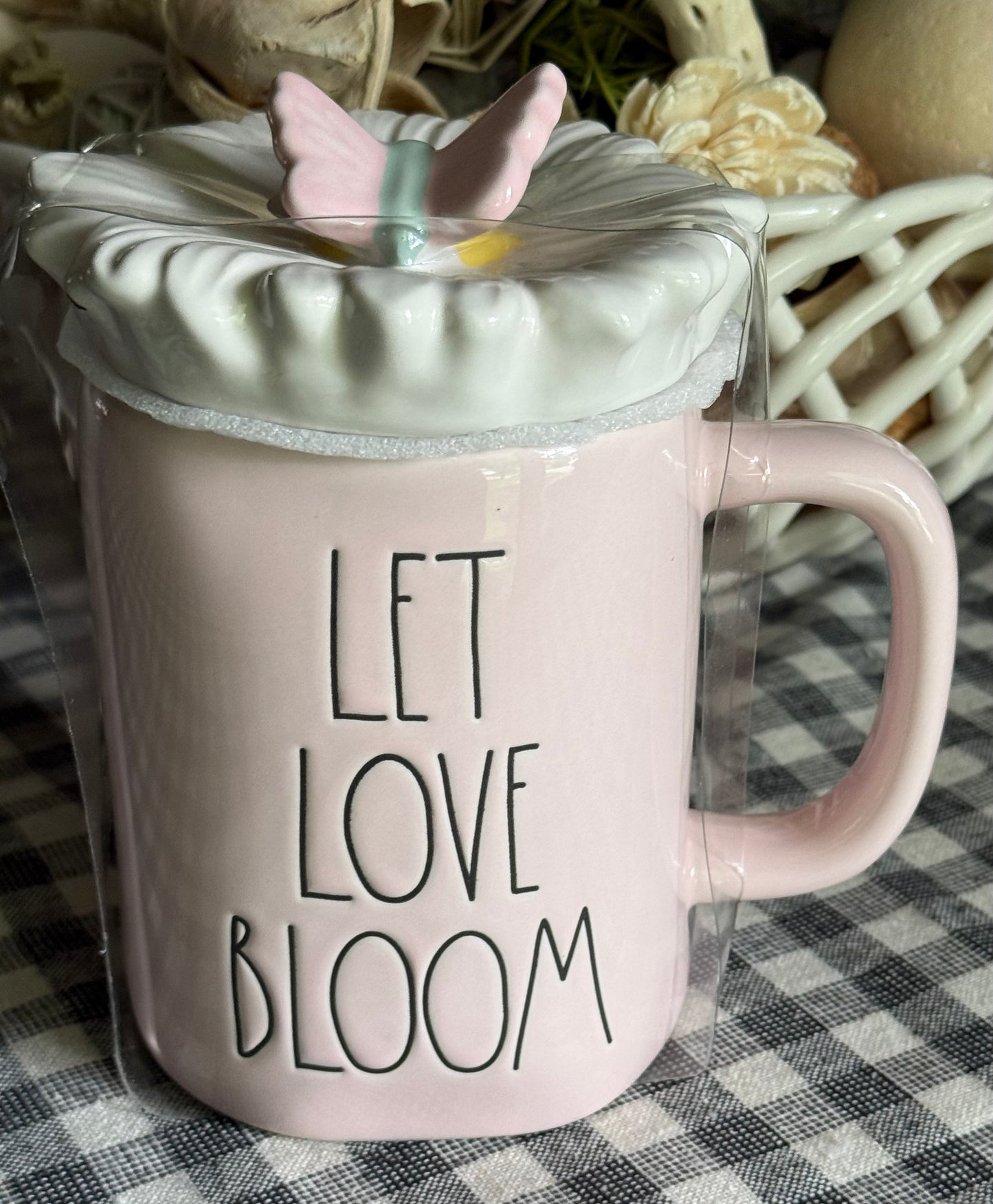 New Rae Dunn pink ceramic coffee mug butterfly topper LET LOVE BLOOM