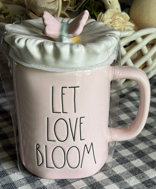 New Rae Dunn pink ceramic coffee mug butterfly topper LET LOVE BLOOM