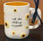 New Rae Dunn ceramic sunflower coffee mug WITH GOD ALL THINGS ARE POSSIBLE