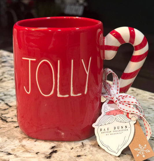 New Rae Dunn red ceramic coffee mug with candy cane handle JOLLY