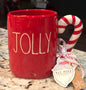 New Rae Dunn red ceramic coffee mug with candy cane handle JOLLY