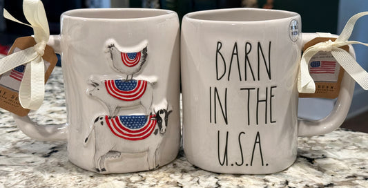 New Rae Dunn patriotic ceramic coffee mug double-sided BARN IN THE USA