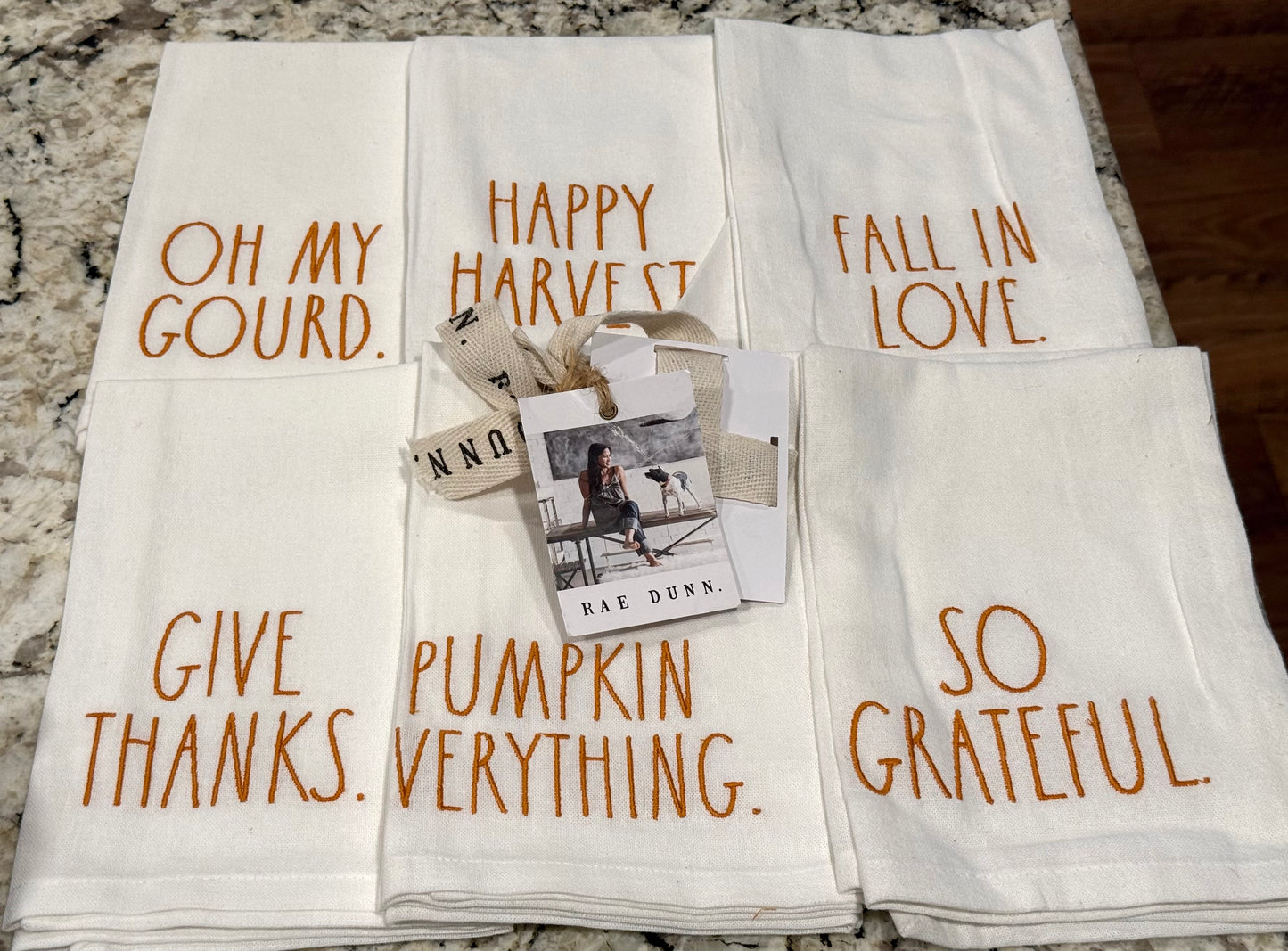 New Rae Dunn white 6-piece fall saying cloth napkin set