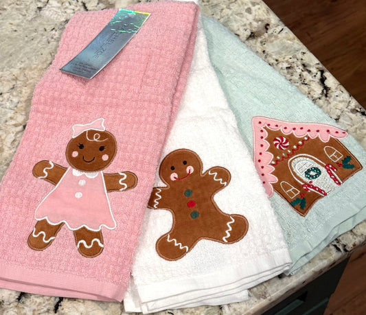 New Rachel Zoe pastel gingerbread 3-piece Christmas dish towel set