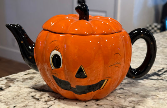 New orange ceramic winking pumpkin fall teapot decor