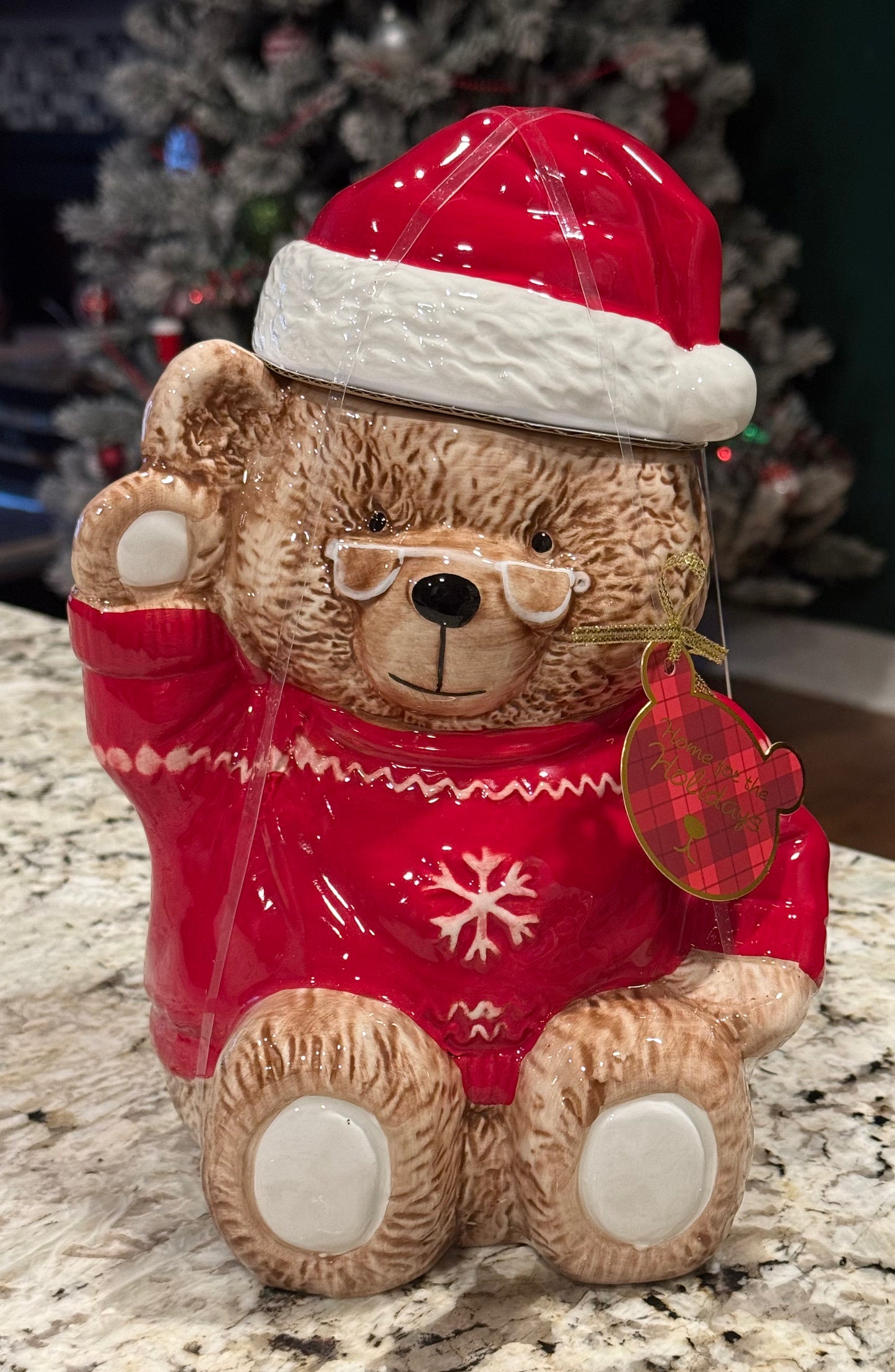 New Home for the Holidays ceramic Christmas teddy bear in snowflake pajamas with glasses cookie jar