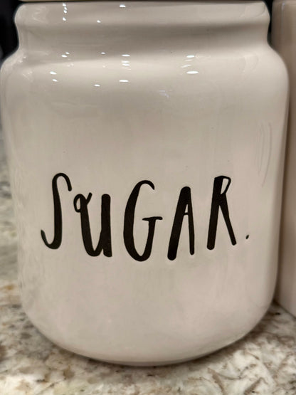 Rae Dunn white ceramic script canister set COOKIES with crown top 8”, FLOUR 8.5”, SUGAR 7.5” rare set
