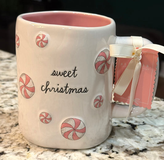 New release Rae Dunn white ceramic pink peppermint raised candy Christmas coffee mug SWEET CHRISTMAS