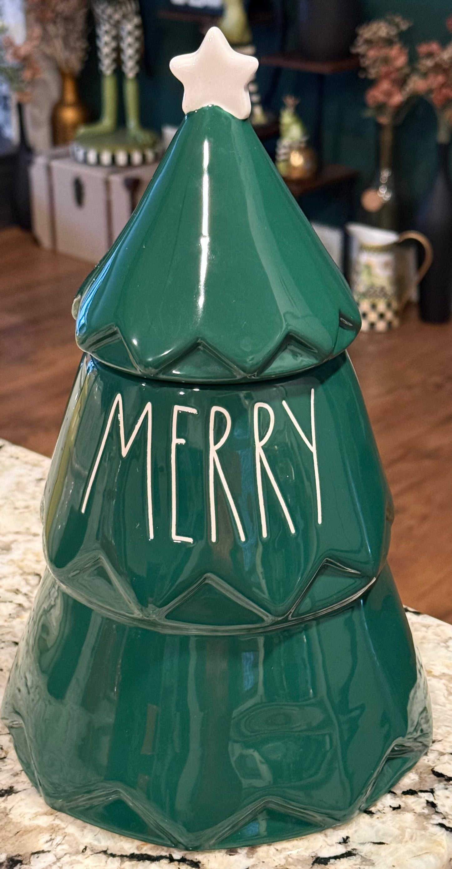 New Rae Dunn green 11” ceramic Christmas tree cookie jar canister decor MERRY