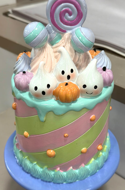 New resin pastel ghost face pink/green striped Halloween pedestal cake decor