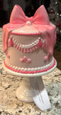 New pink coquette and pearl faux resin pedestal cake decor 11”