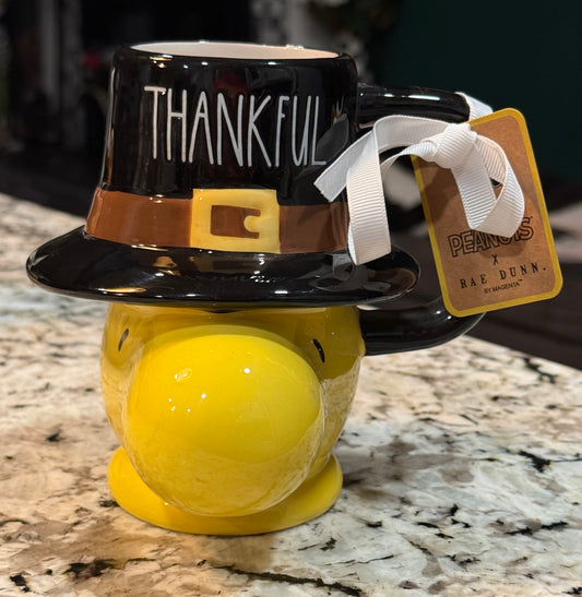 New Rae Dunn x Peanuts ceramic Thanksgiving Woodstock coffee mug THANKFUL