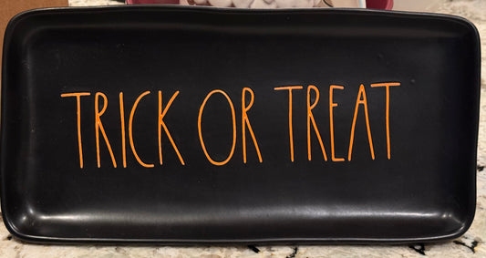 New Rae Dunn black ceramic 10x5 TRICK OR TREAT Halloween decor serving platter
