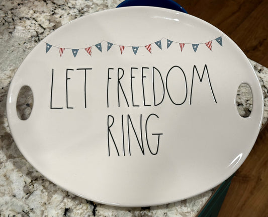 New Rae Dunn Americana ceramic large platter LET FREEDOM RING flag banner