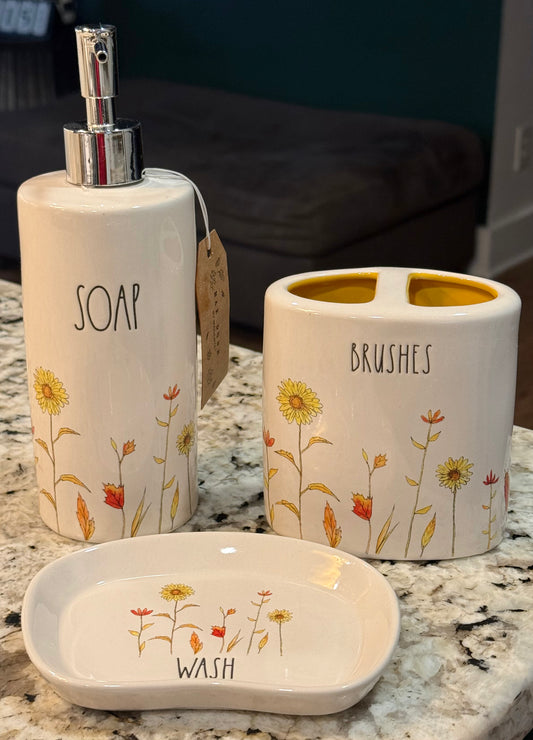 New Rae Dunn 3-piece fall floral bathroom accessories set SOAP, BRUSHES, WASH