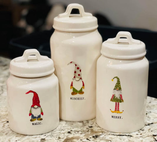 New Rae Dunn 3-piece ceramic Christmas gnome canister set MAGIC MERRY MISCHIEF