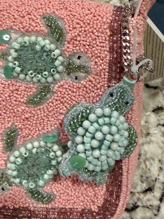 New pink Made In India beaded sea turtle hand bag purse 10x5