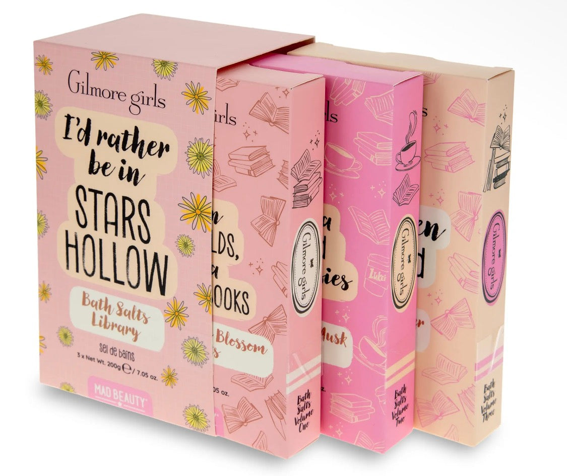 New Mad Beauty The Gilmore Girls bookcase 4-scent bath salts gift set