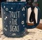 New Rae Dunn blue iridescent ceramic Halloween coffee mug TRUST THE SIGNS